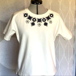 J Crew white short sleeve beaded top